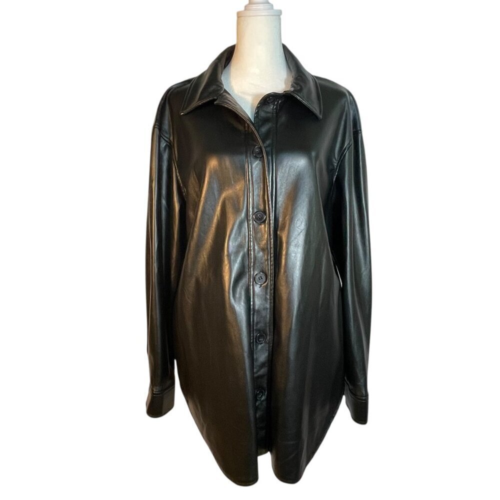 Nicole Miller Black Faux Leather Shacket Shirt Jacket Oversized M - Picture 10 of 11
